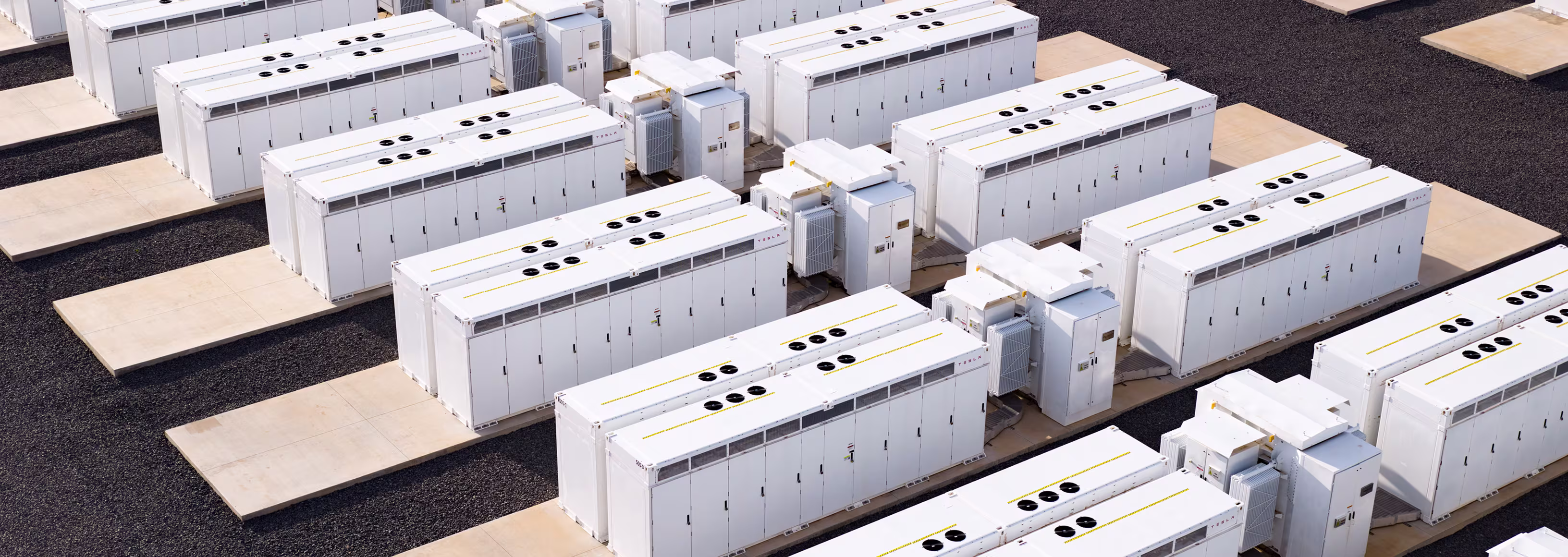 Close up angled view of rows of Megapack