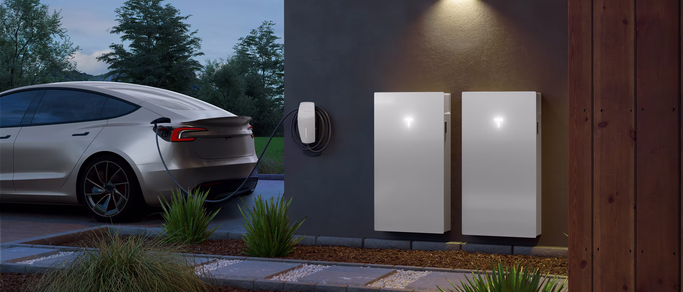 Modern home With Solar Panels and red Model S parked outside