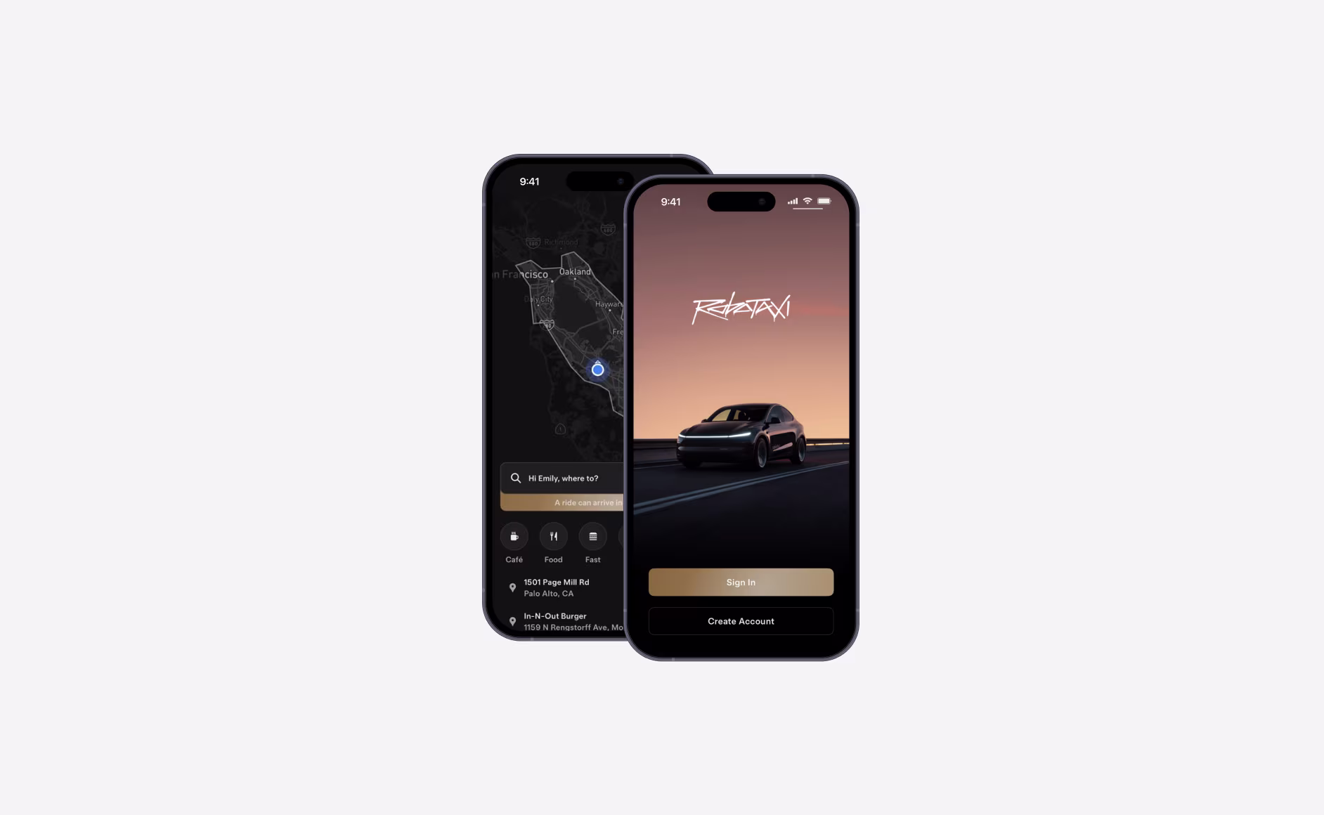 Two smartphones displaying the Robotaxi app. One shows a map and destination options and the second shows the login screen.