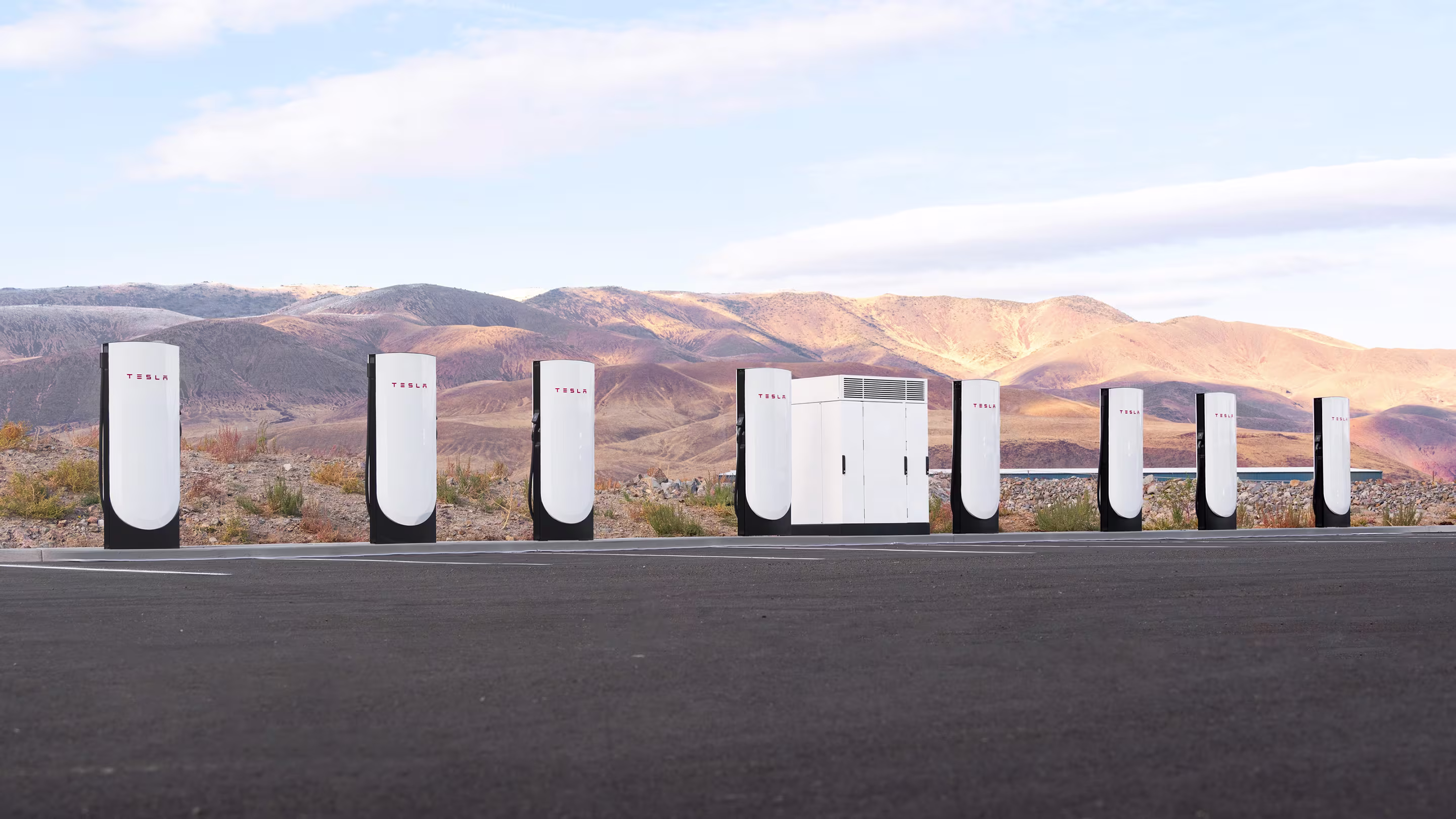 Row of Tesla Superchargers