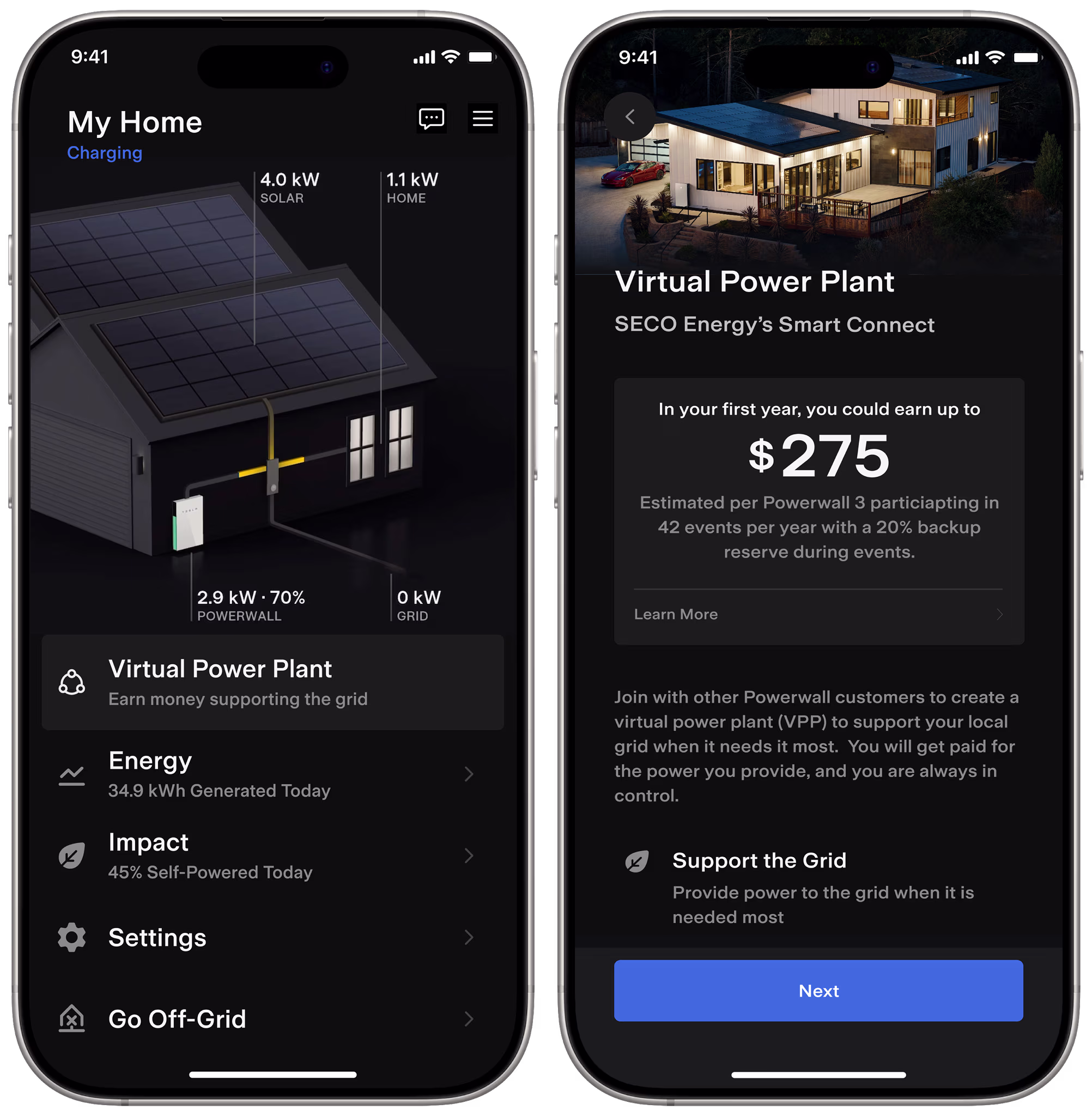 Tesla app home screen with entry point to SECO Virtual Power Plant