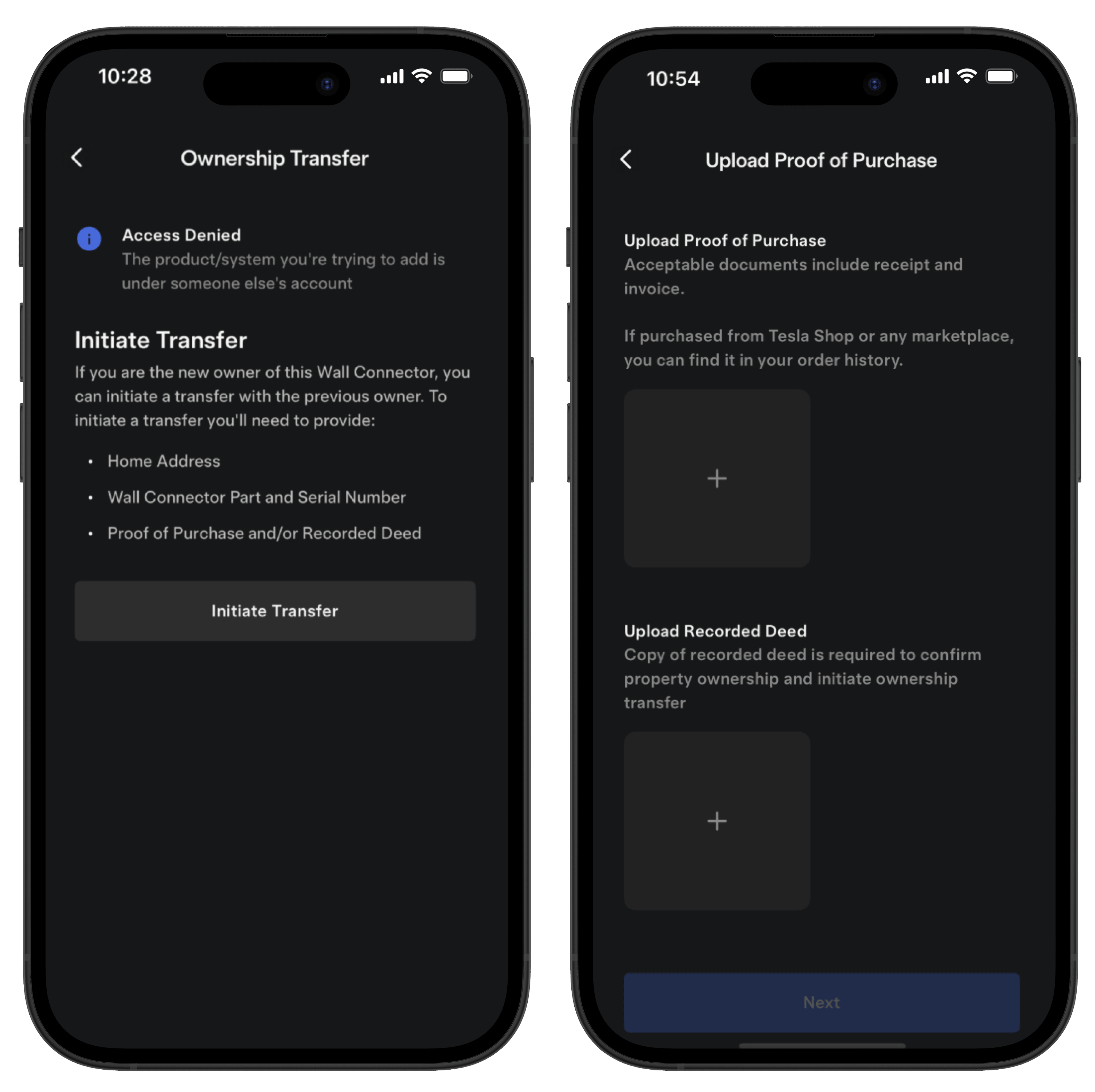 Ownership Transfer and Upload Proof of Purchase Tesla app screen