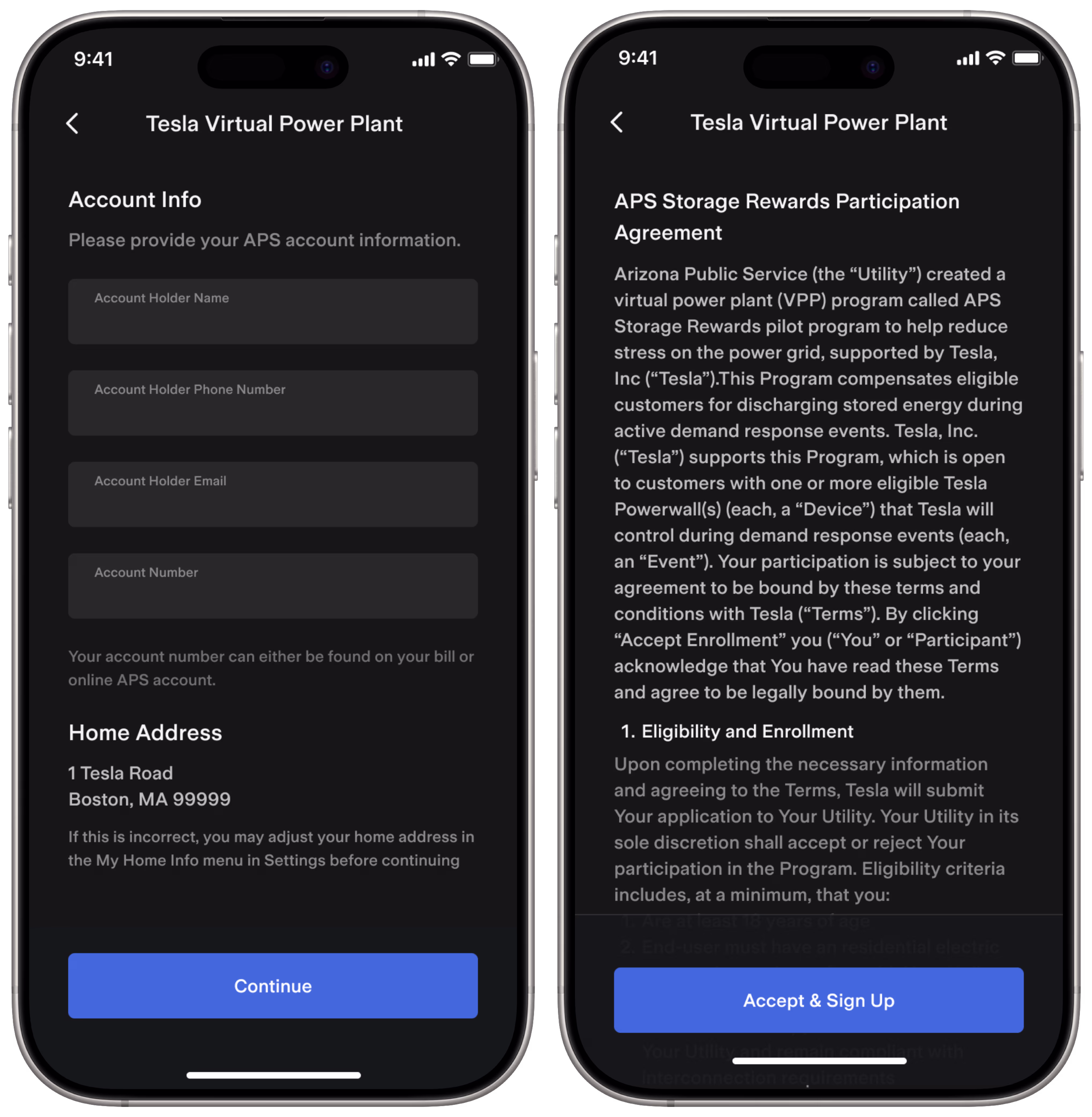 Two phones showing APS VPP sign up and terms screens