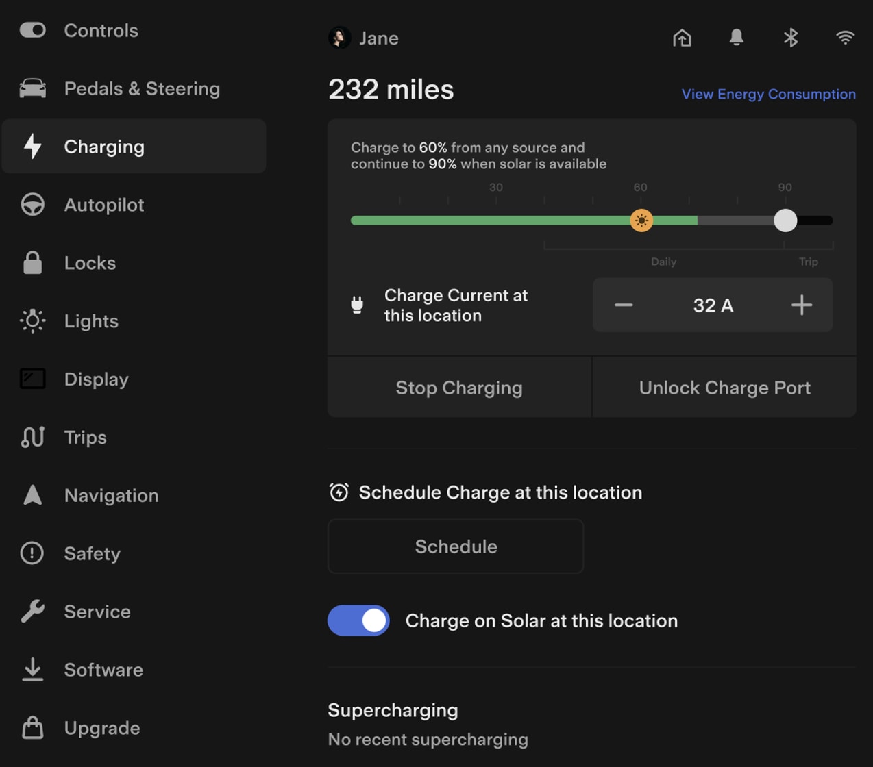 Charge on Solar on vehicle touchscreen