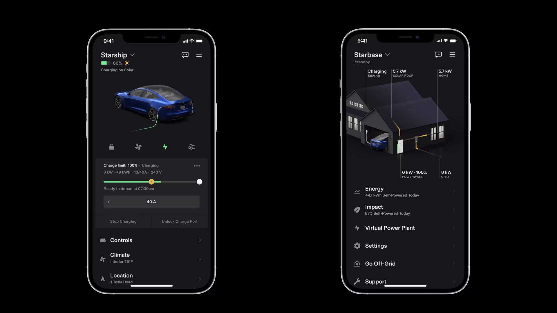 Tesla app vehicle and Tesla Home screens with Charge on Solar
