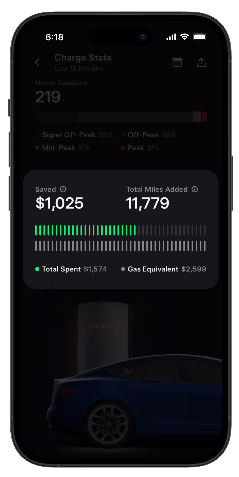 Tesla app showing screen for gas savings