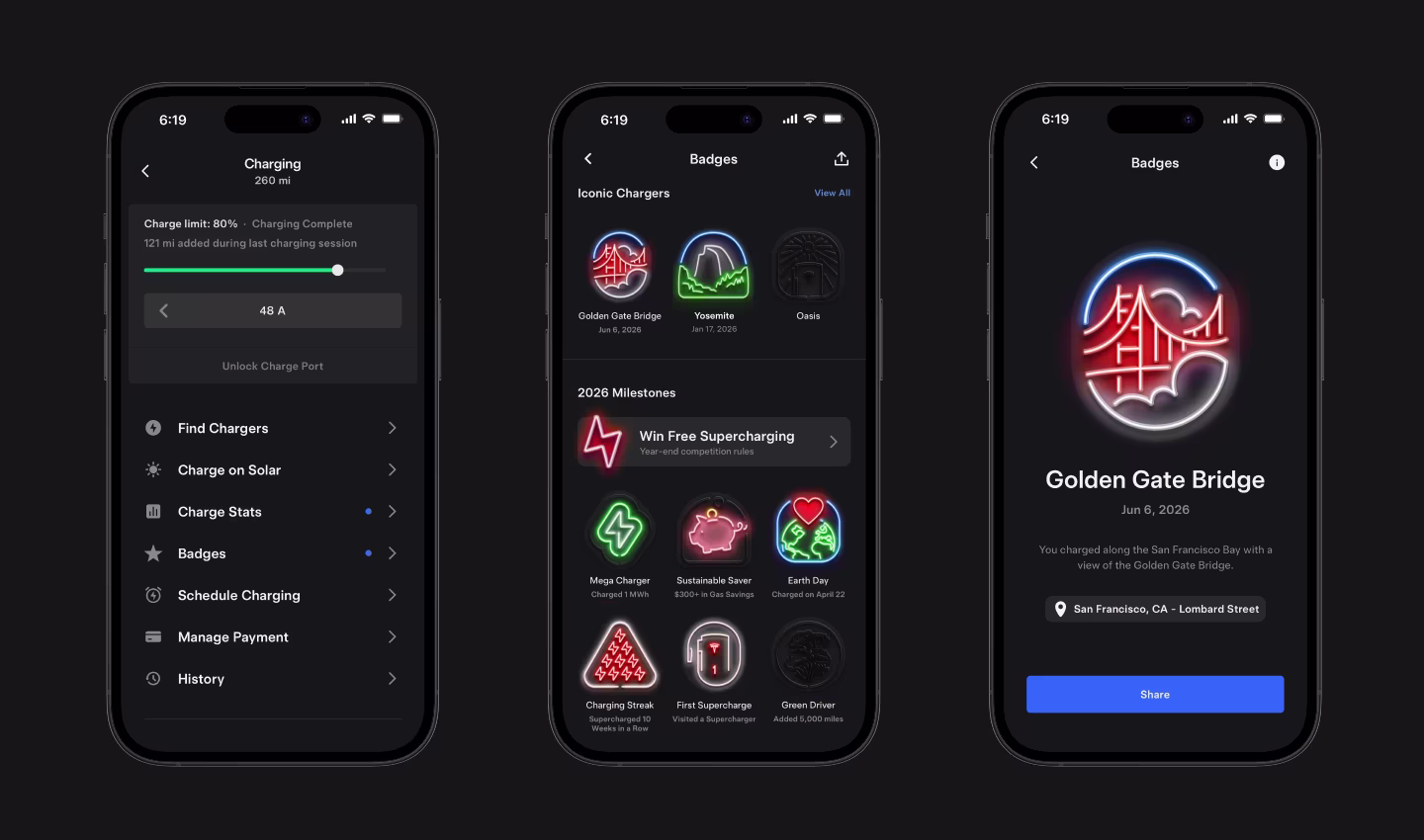 Three phone screens showing various Charging Passport screenshots