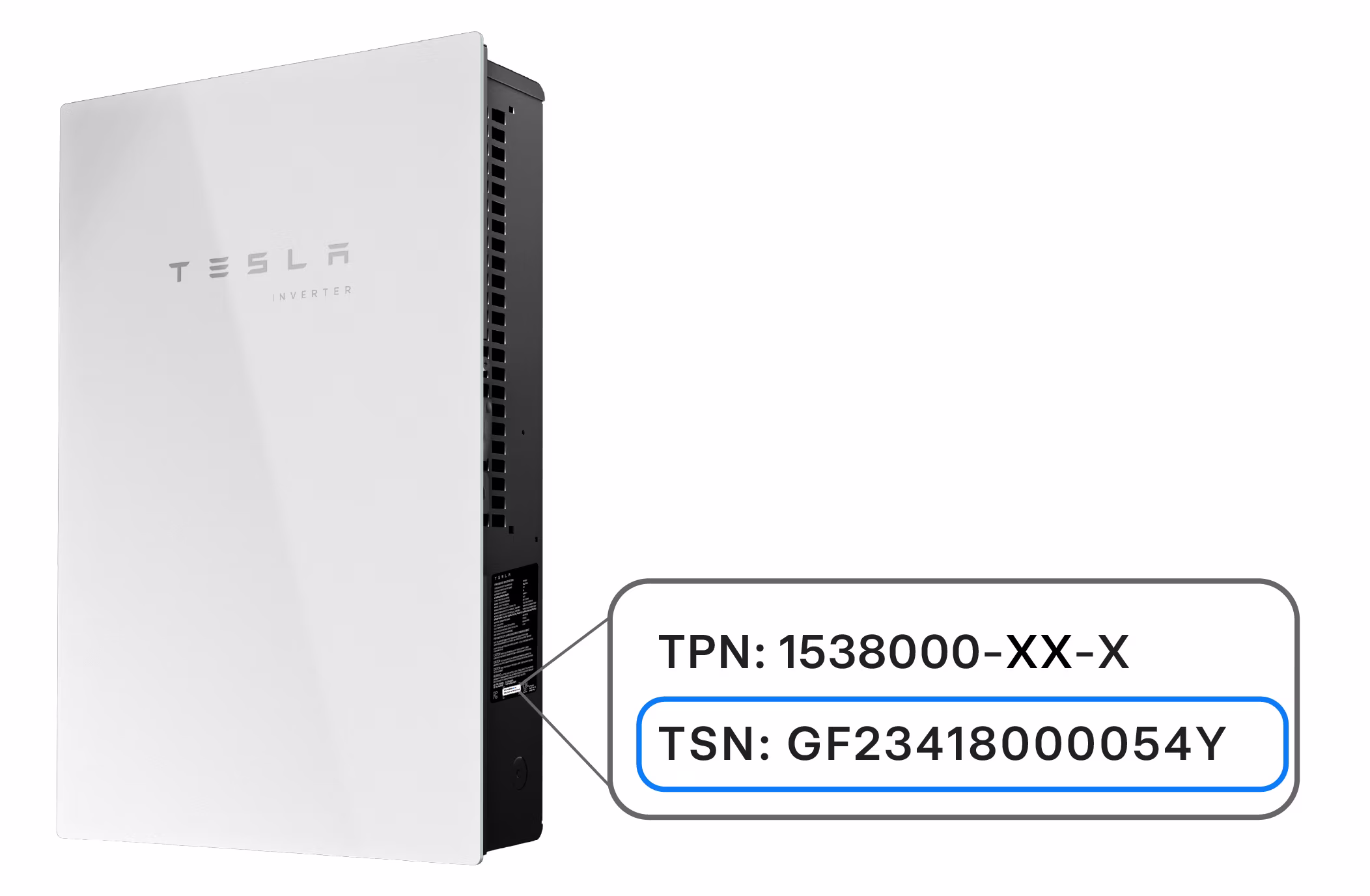 Label of where to find the serial number of a Tesla Solar Inverter with site controller