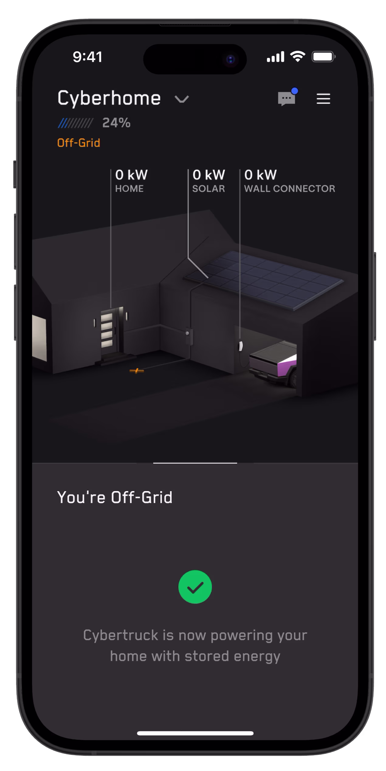Tesla app screen with Cybertruck is now powering your home message