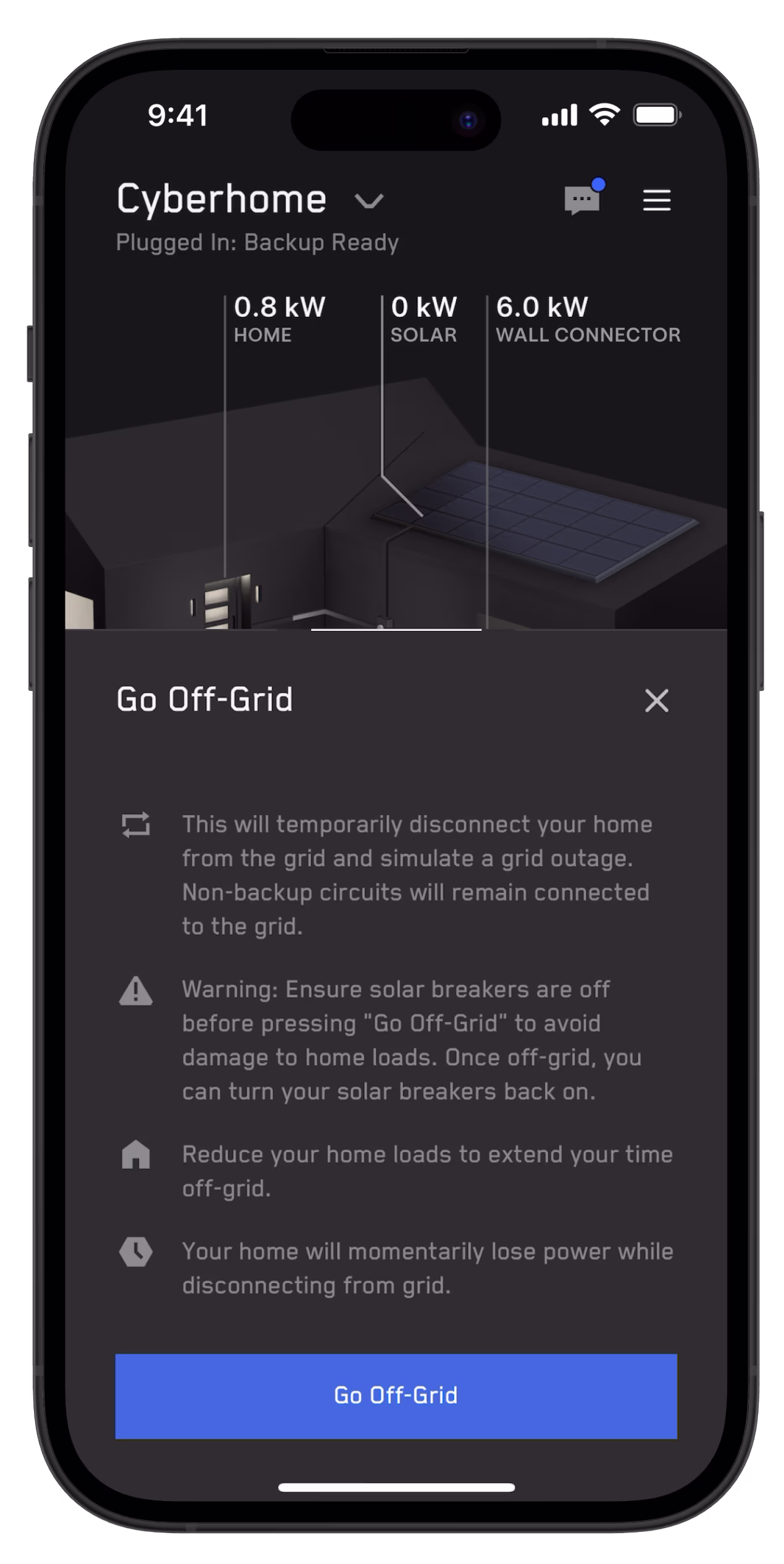 Tesla app screen with warning message