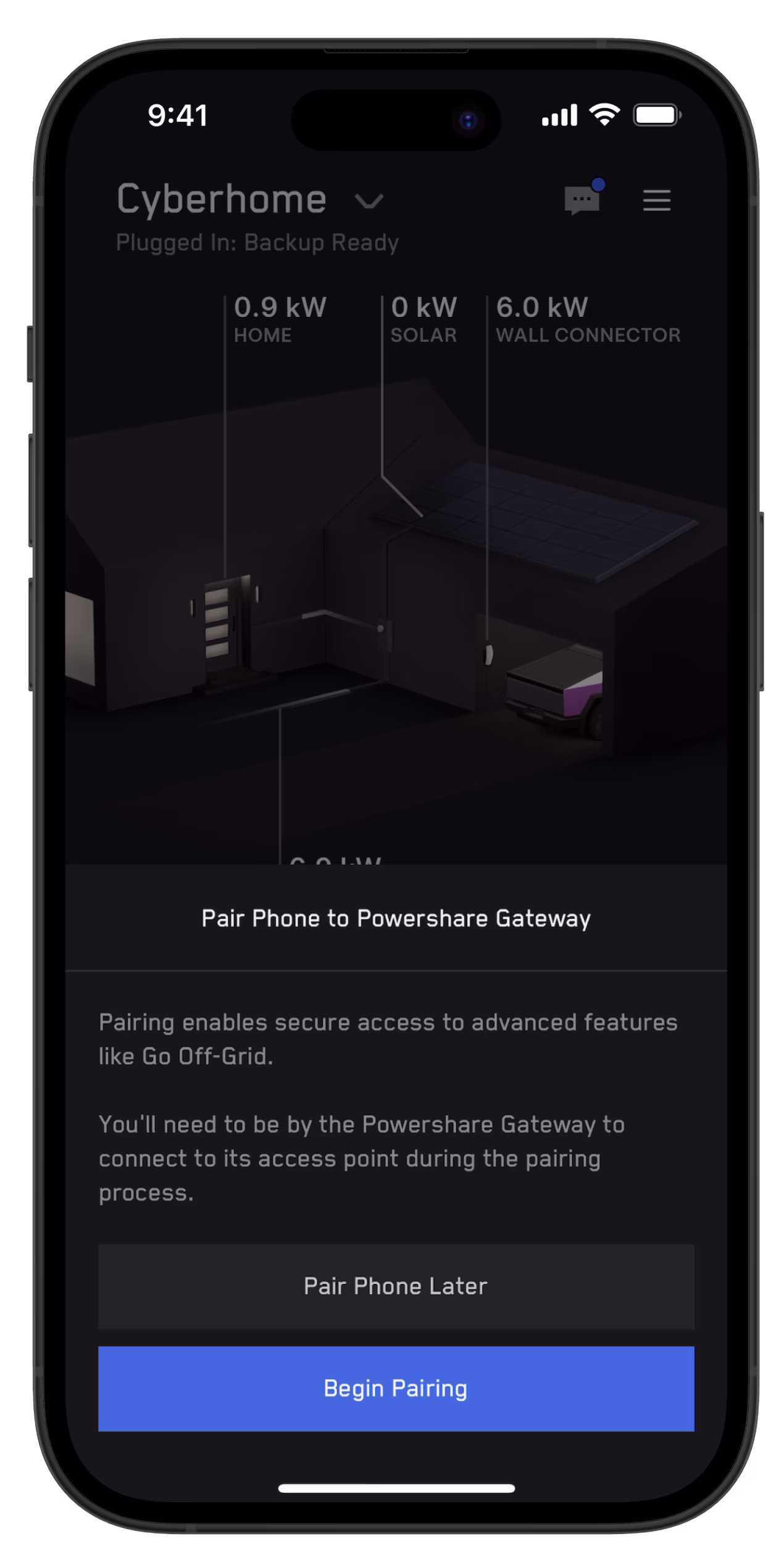 Tesla app screen for enabling go off-grid