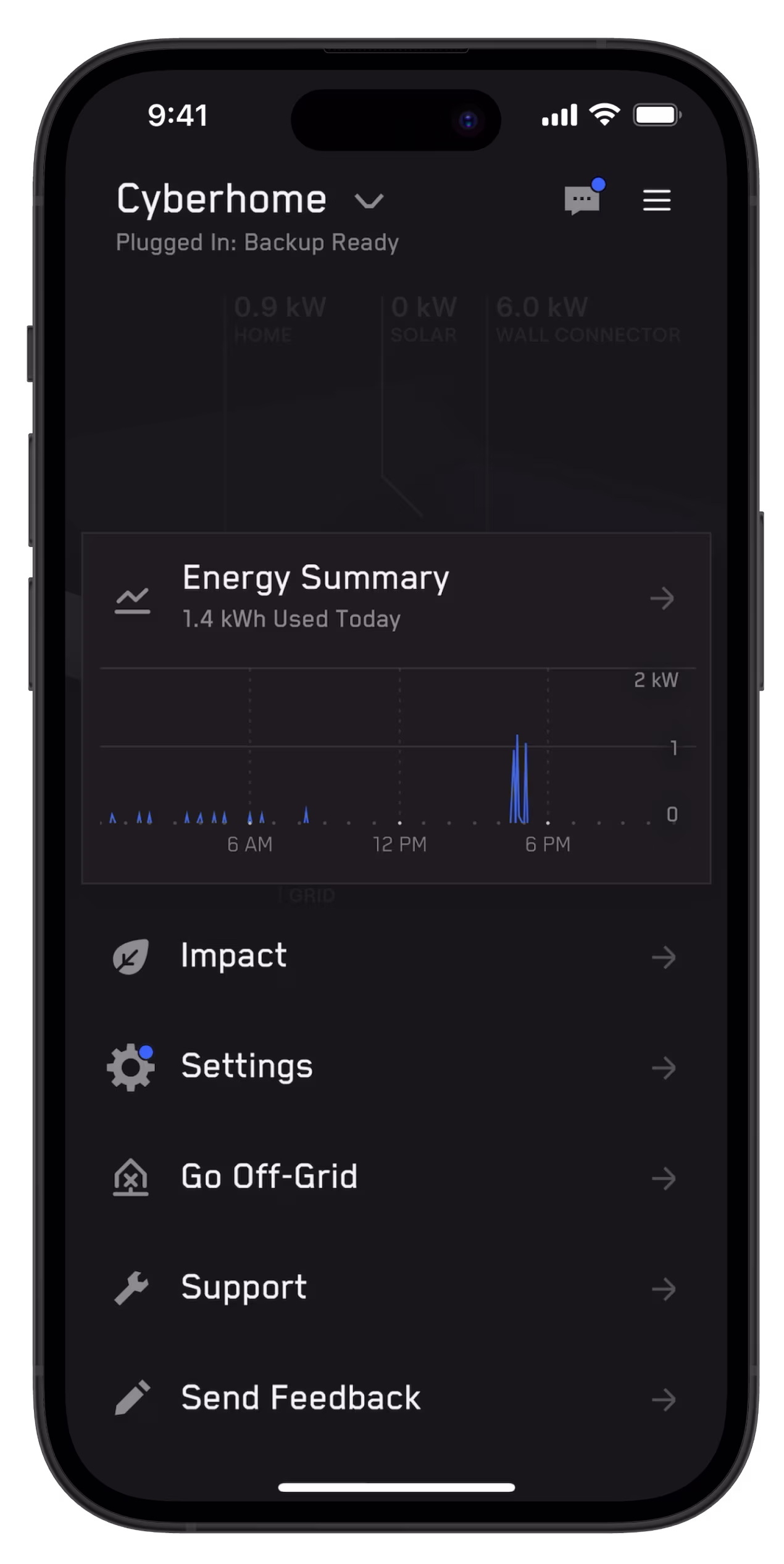 Tesla app screen for enabling go off-grid