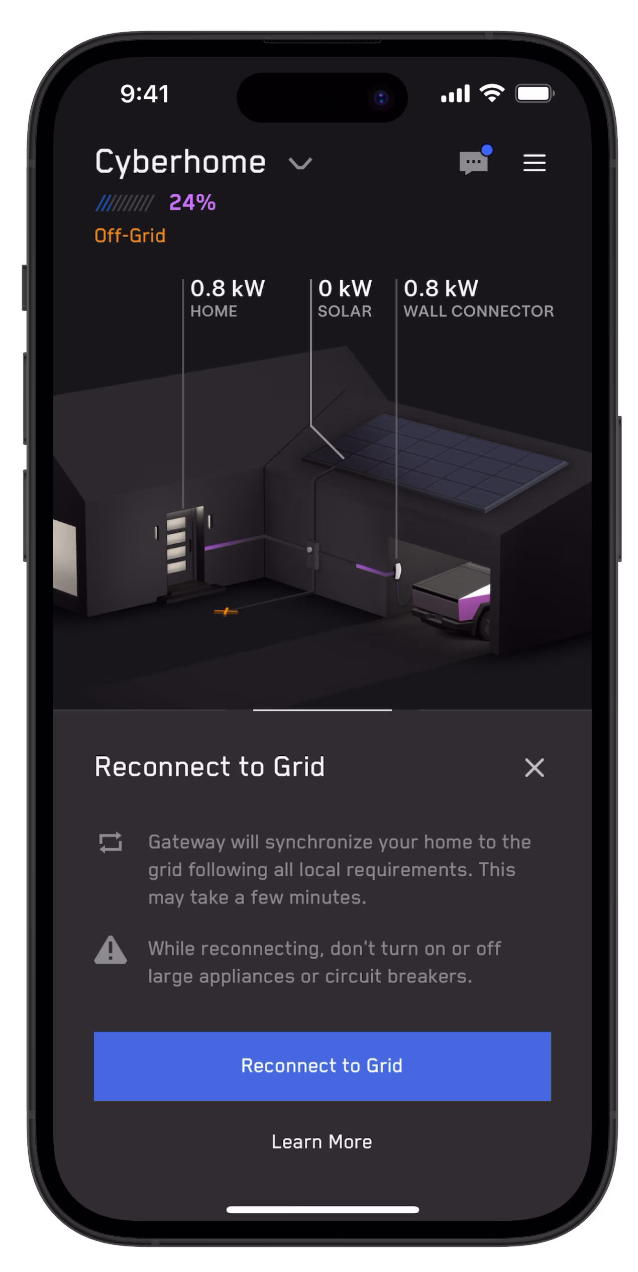Tesla app screen for enabling go off-grid
