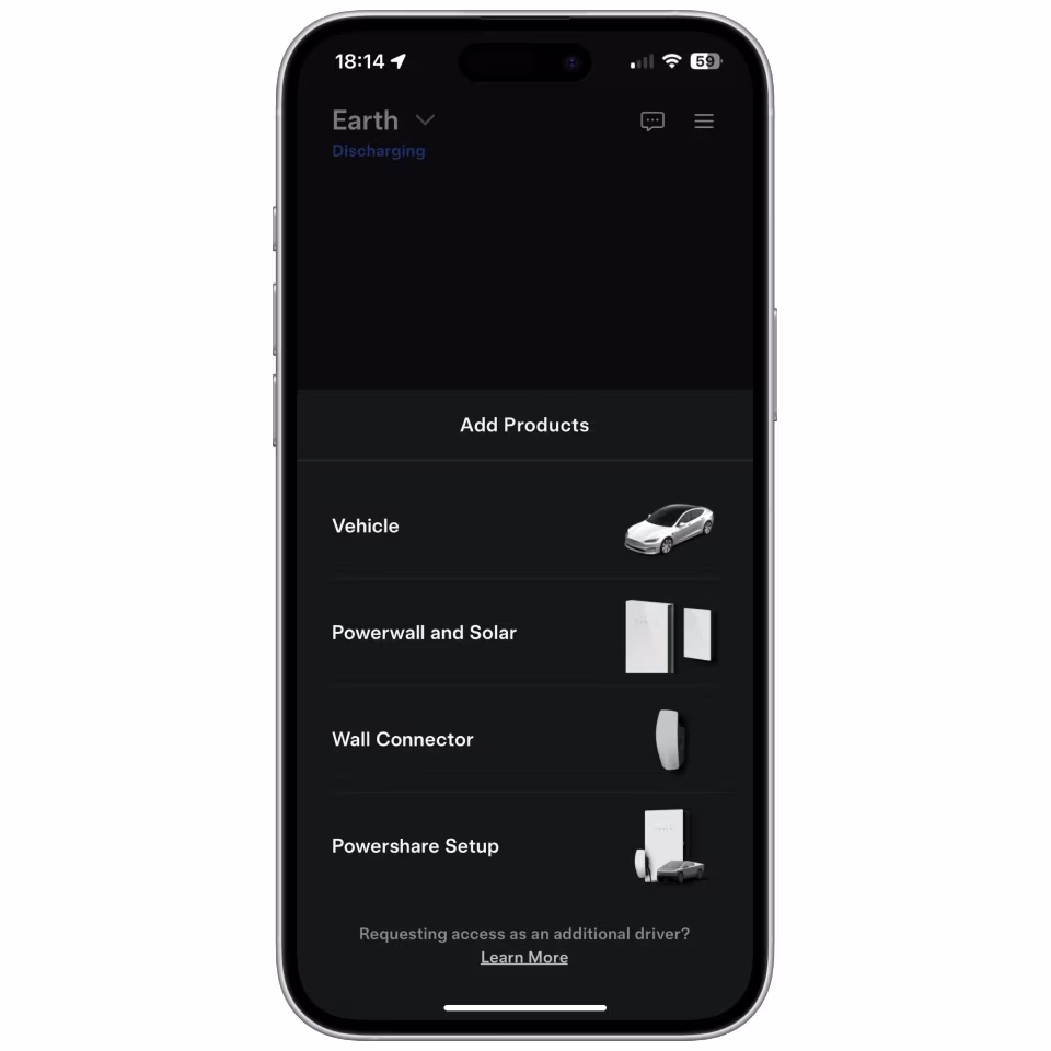 Tesla app showing screen to add products