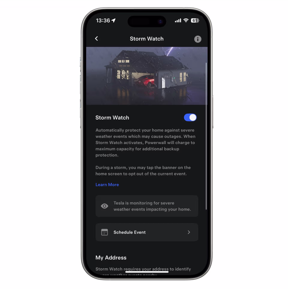 Tesla app screen showing Storm Watch enabled