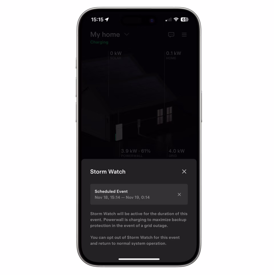 Tesla app screen showing Storm Watch red flag warning and schedule event