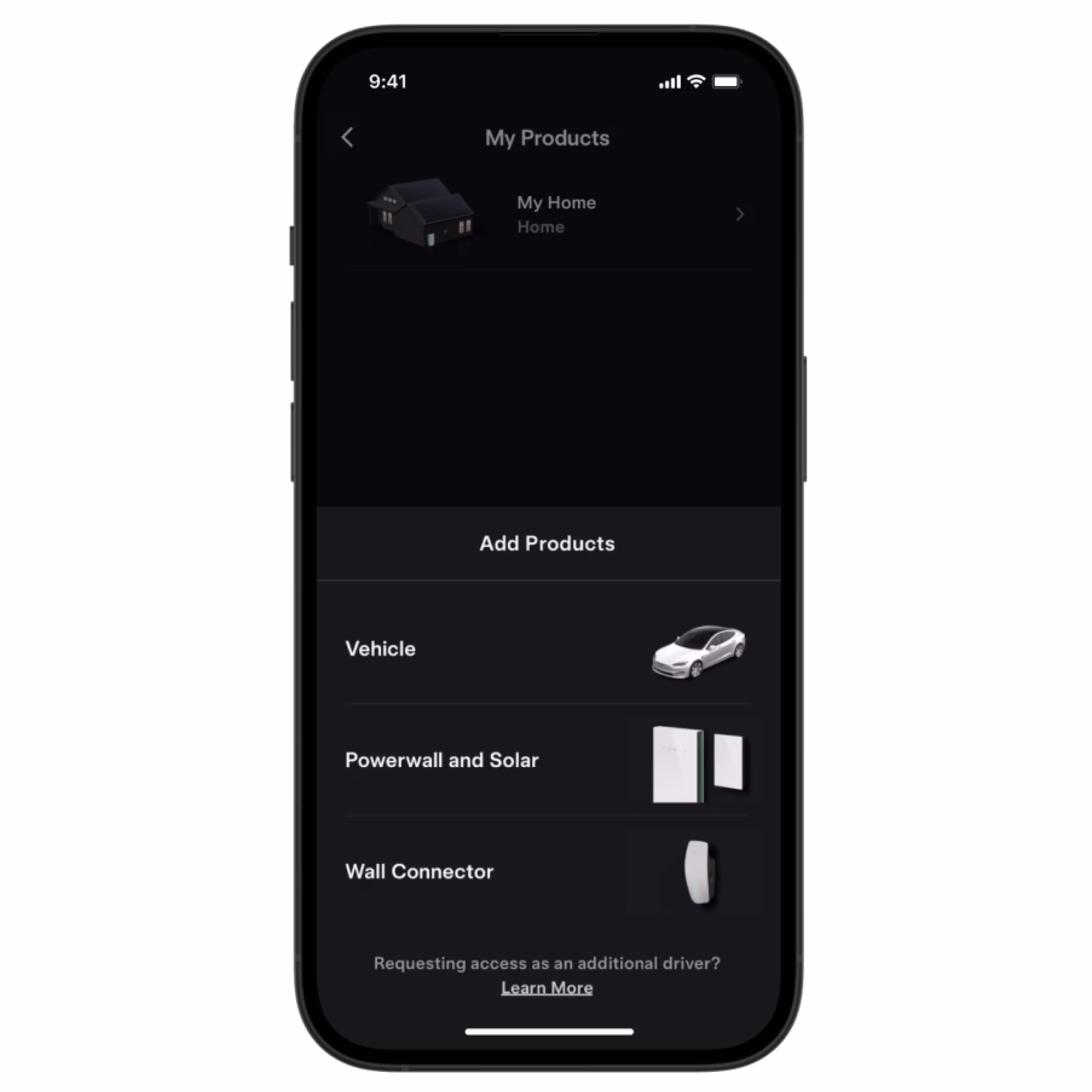 Tesla app showing screen to add products