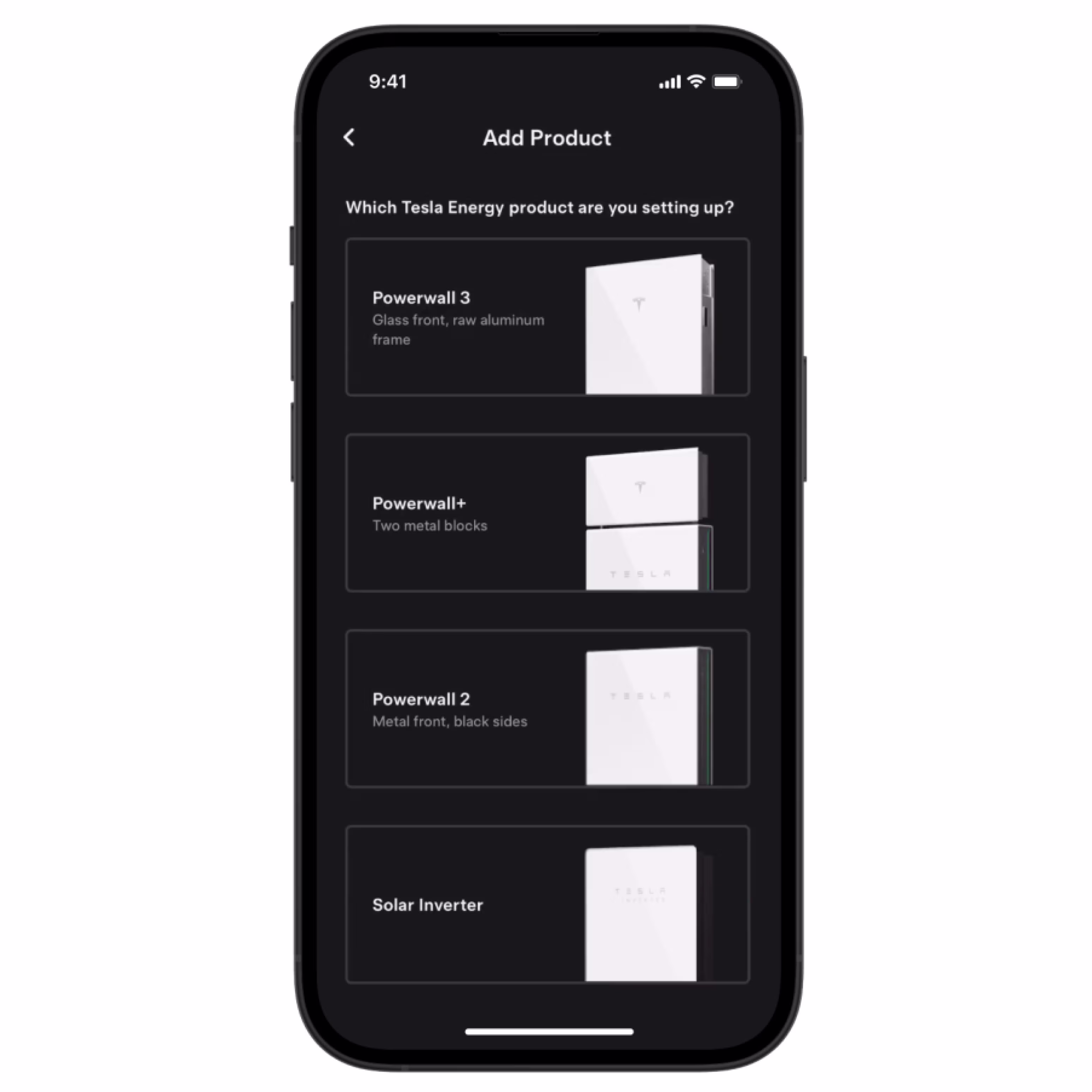 Tesla app showing screen to add product