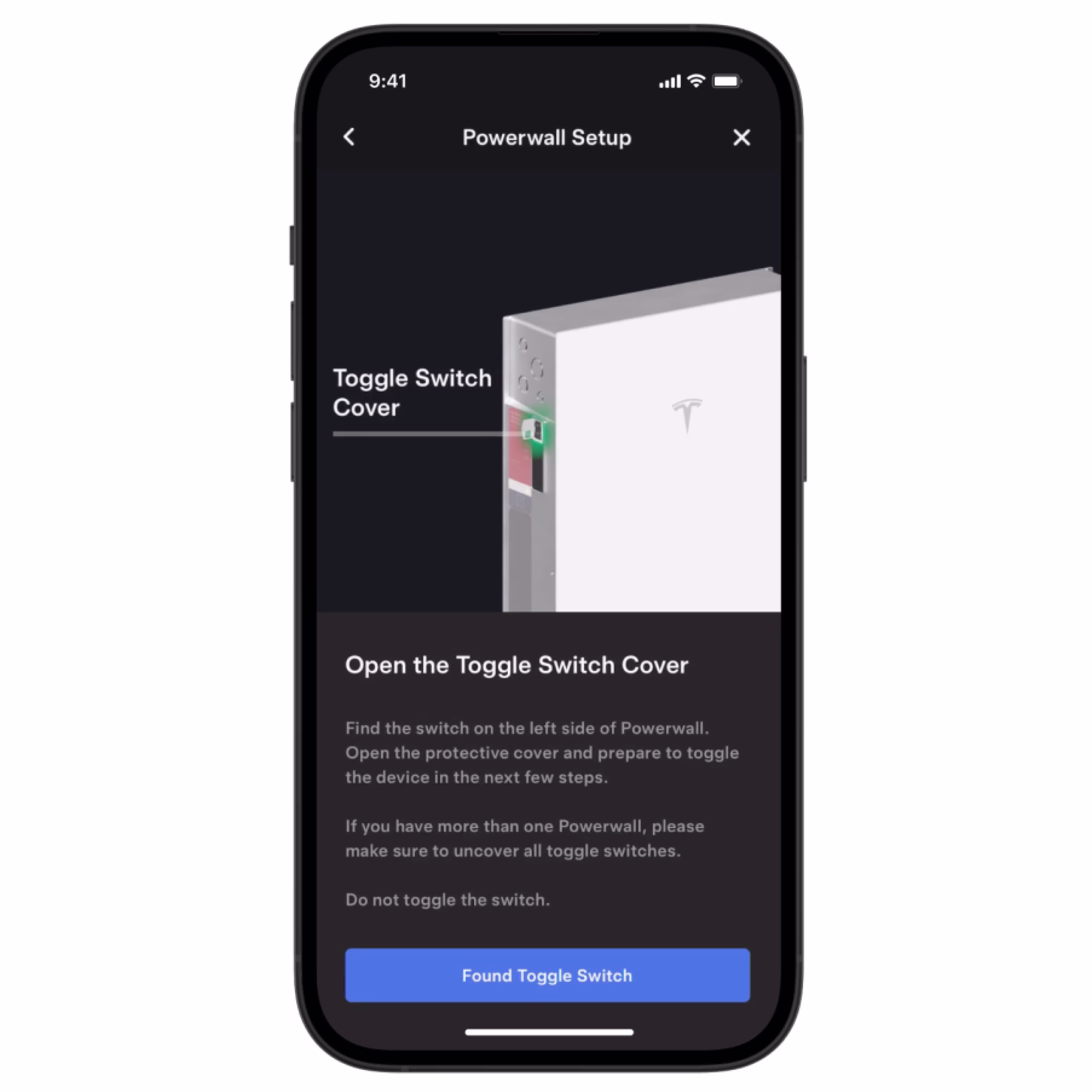 Tesla app screen showing how to open the toggle switch cover