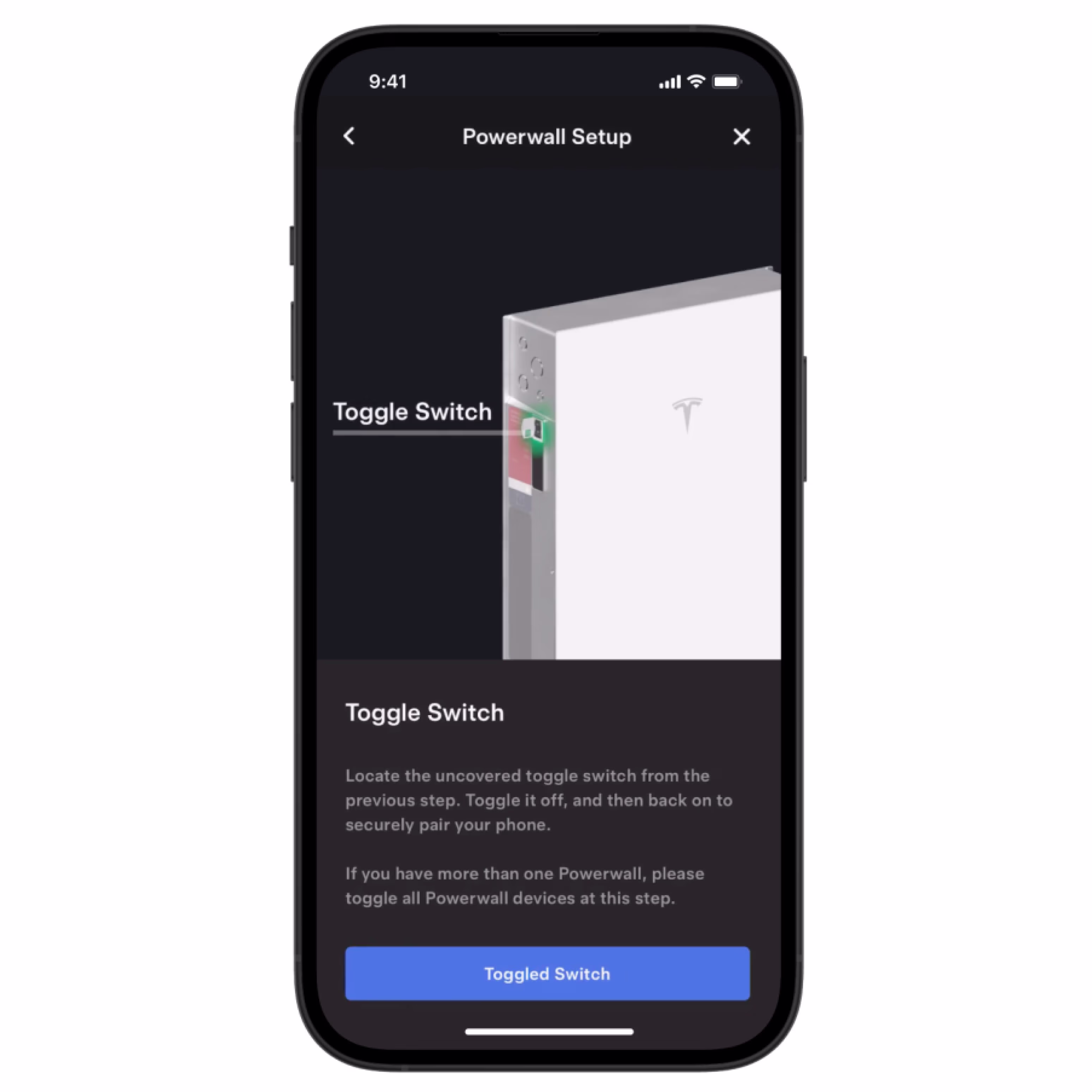 Tesla app screen showing toggling switch