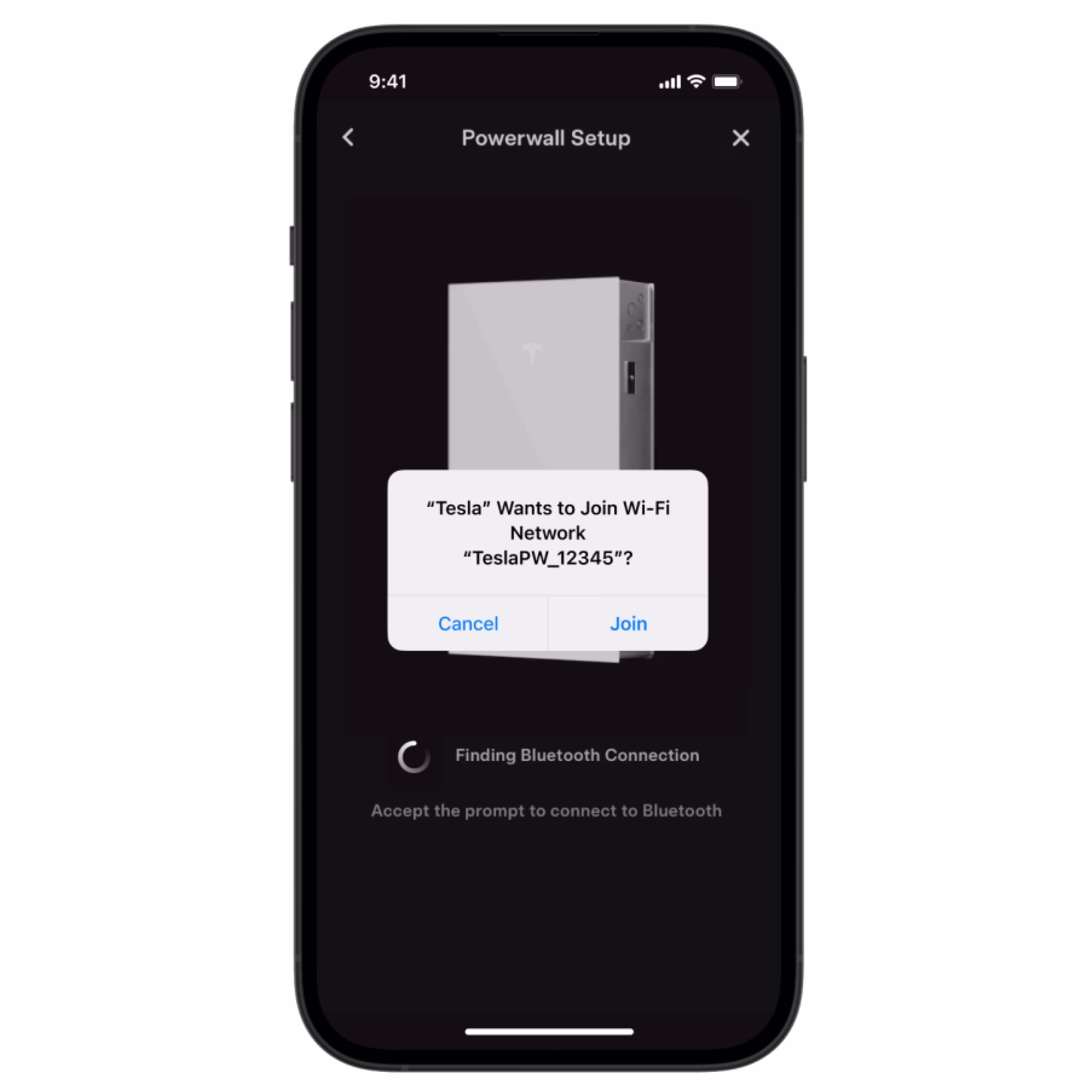Tesla app screen showing connecting to Wi-Fi