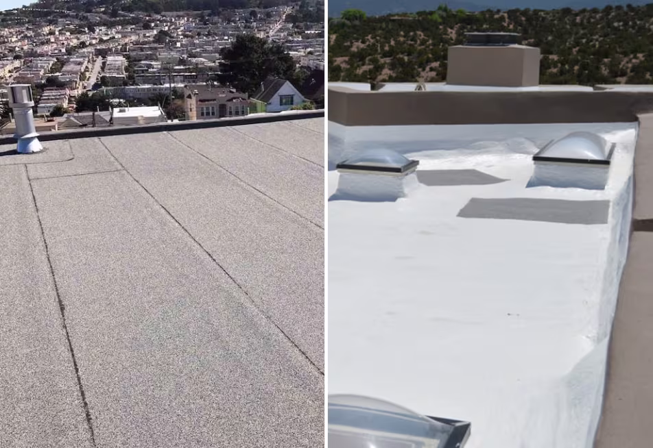 Flat roof of rolled asphalt, torchdown or foam