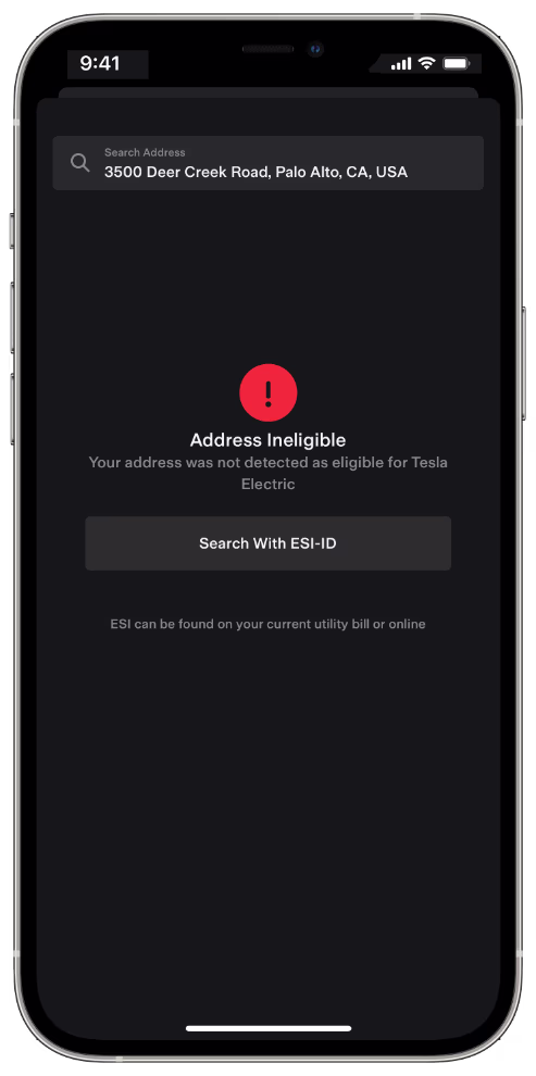 Tesla app screen showing not eligible for Tesla Electric