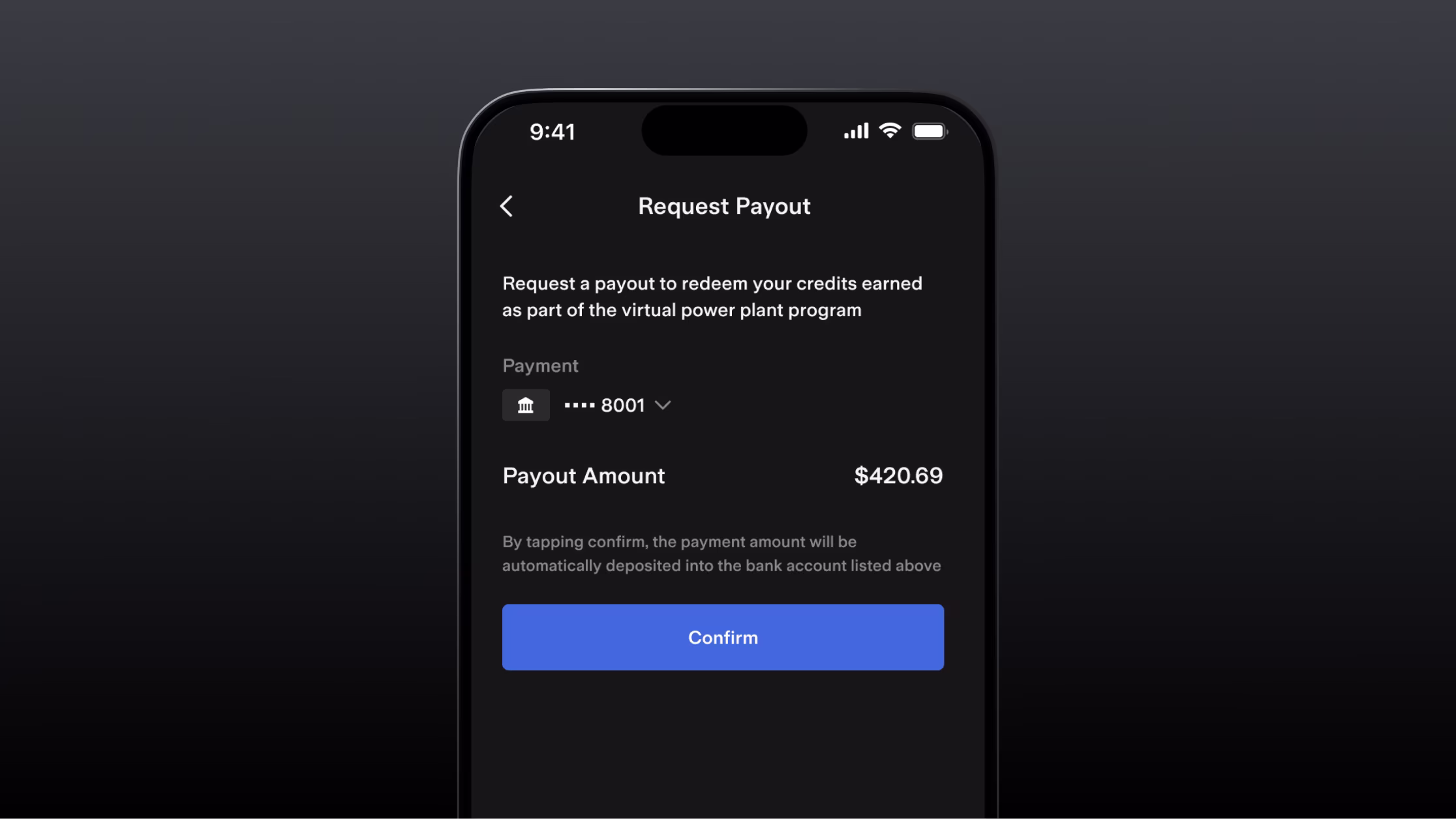 Tesla app view of Tesla VPP payout