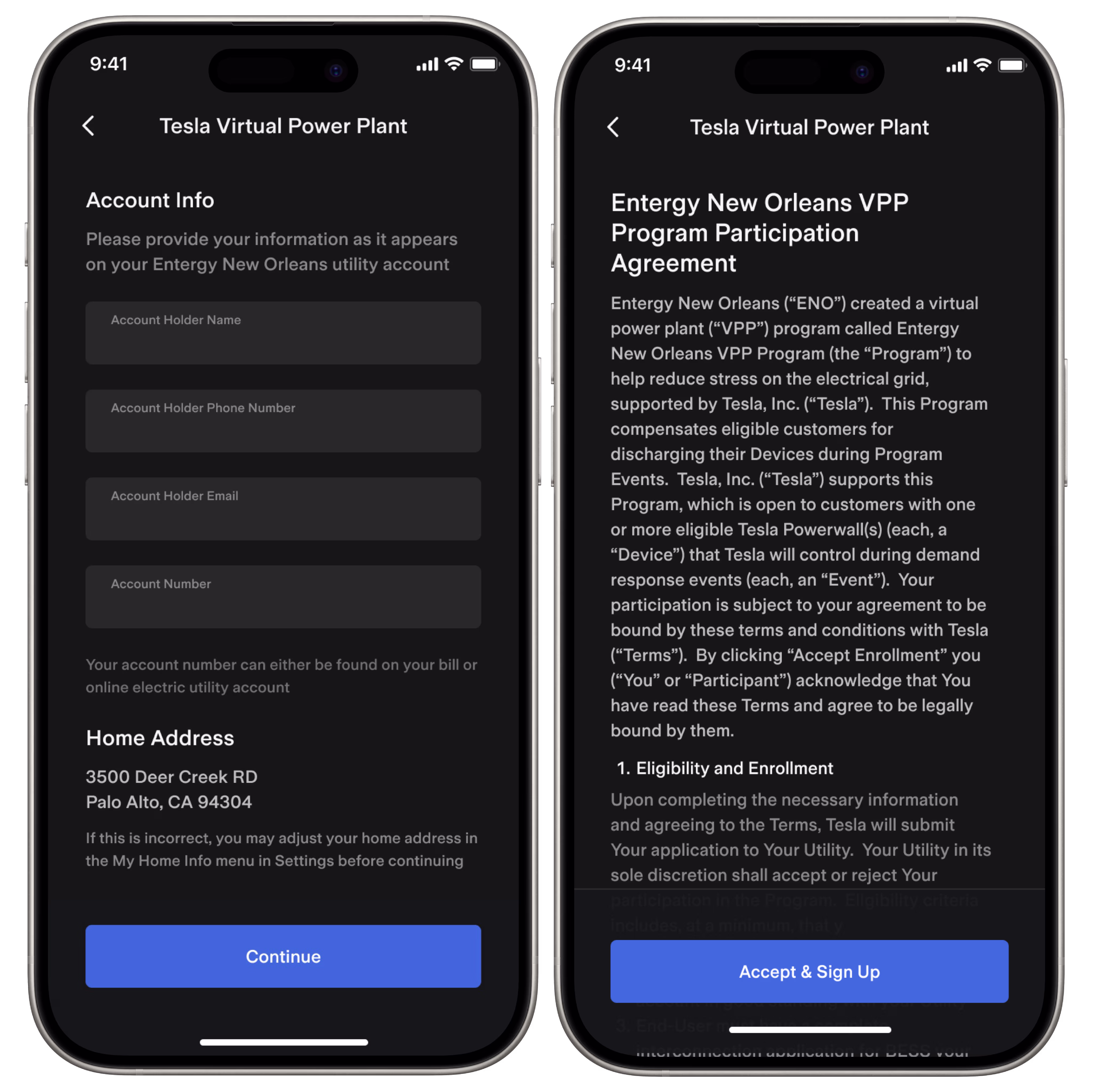 Tesla app in ENO VPP program