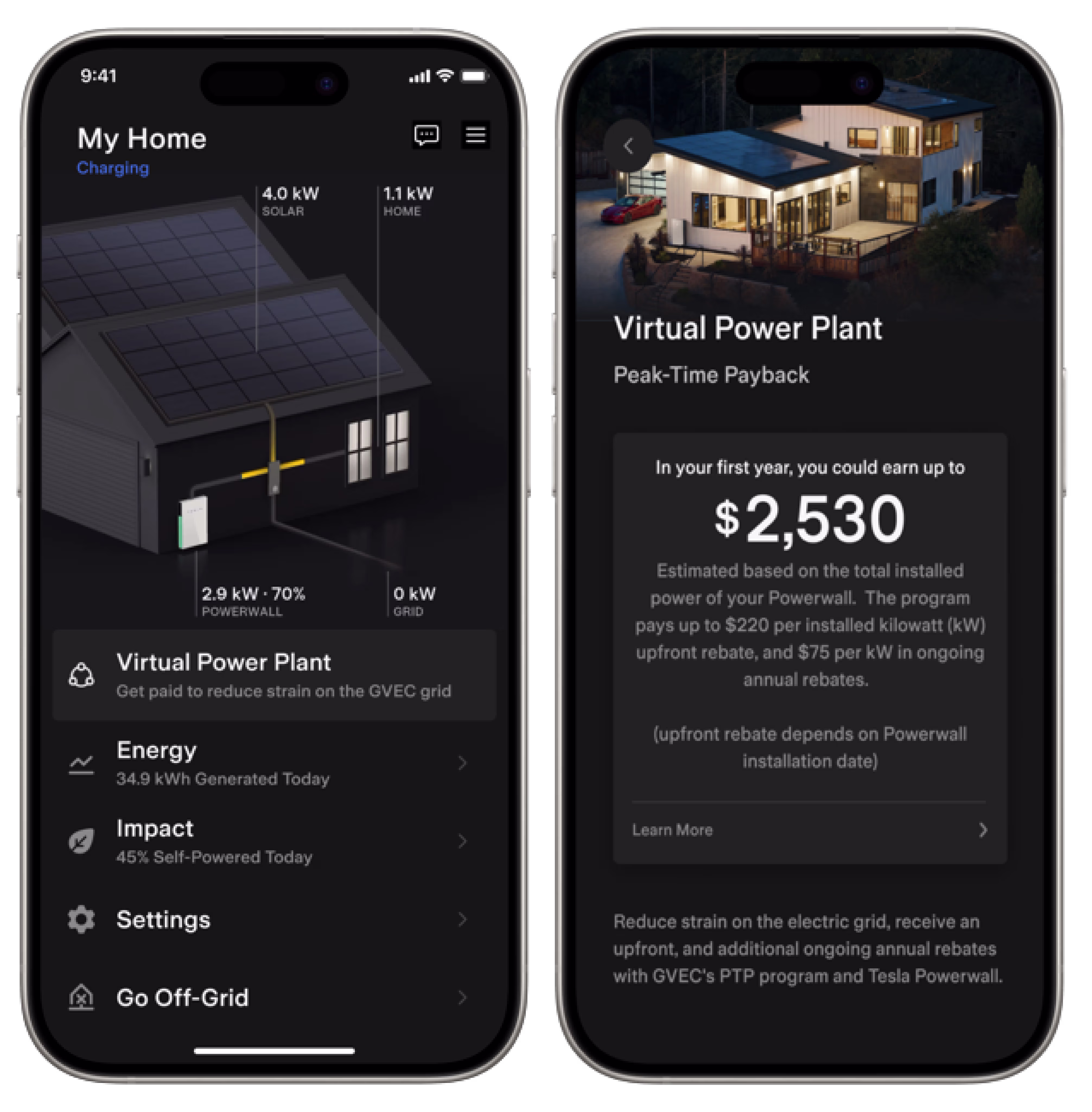 Tesla app home screen with entry point to GVEC Virtual Power Plant