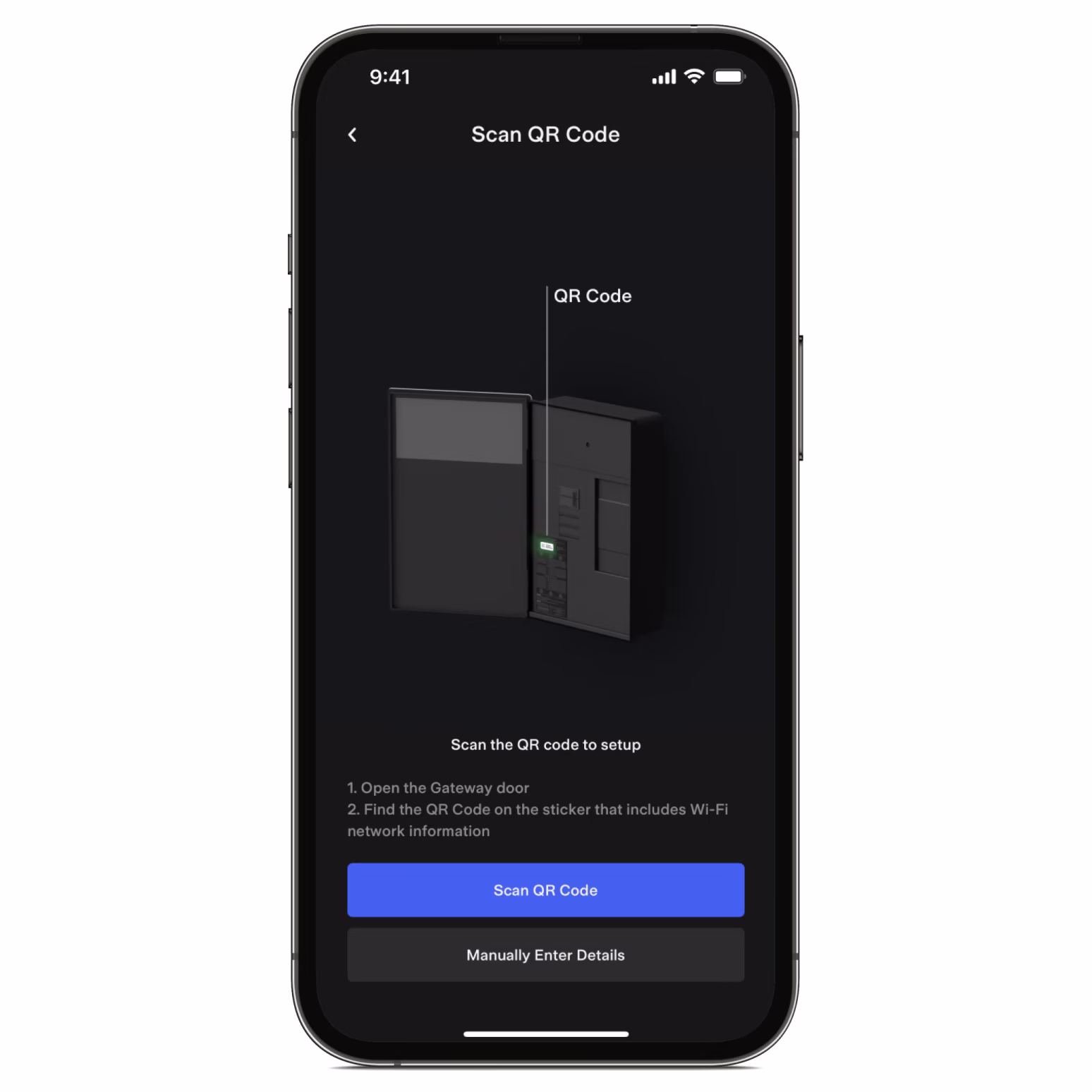 Tesla app screen showing QR code placement on Powerwall