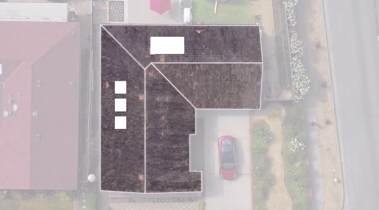 Example has 1 chimney, 3 skylights and 7 vents